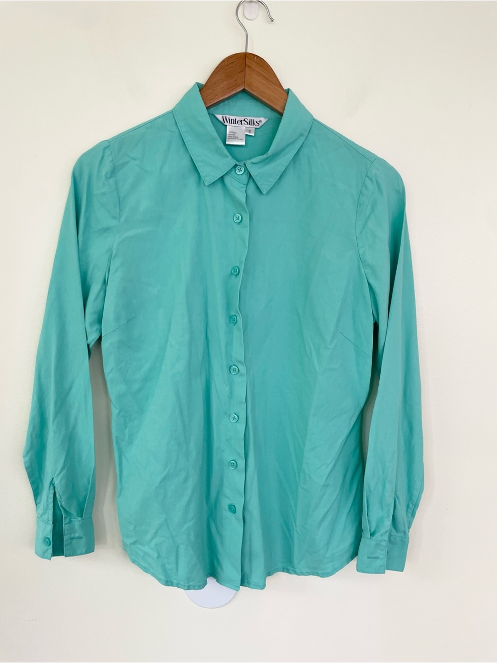 WinterSilks 100% Silk Turquoise Blue Long Sleeve Button Down S Small